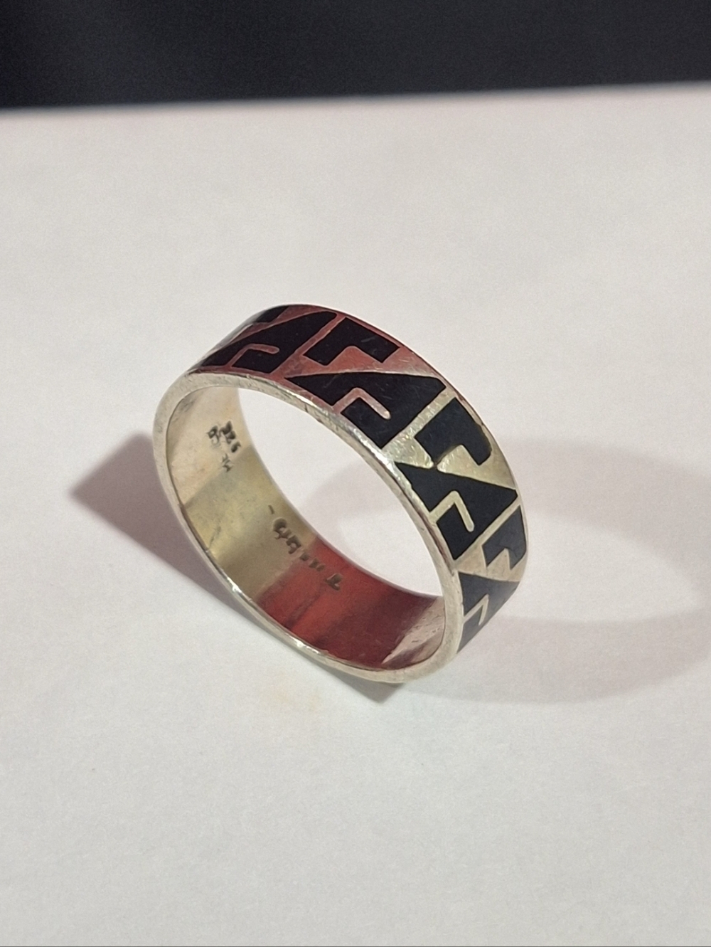 Taxco Mexico 925 Sterling Silver Geometric Inlay Band Ring | Size 13